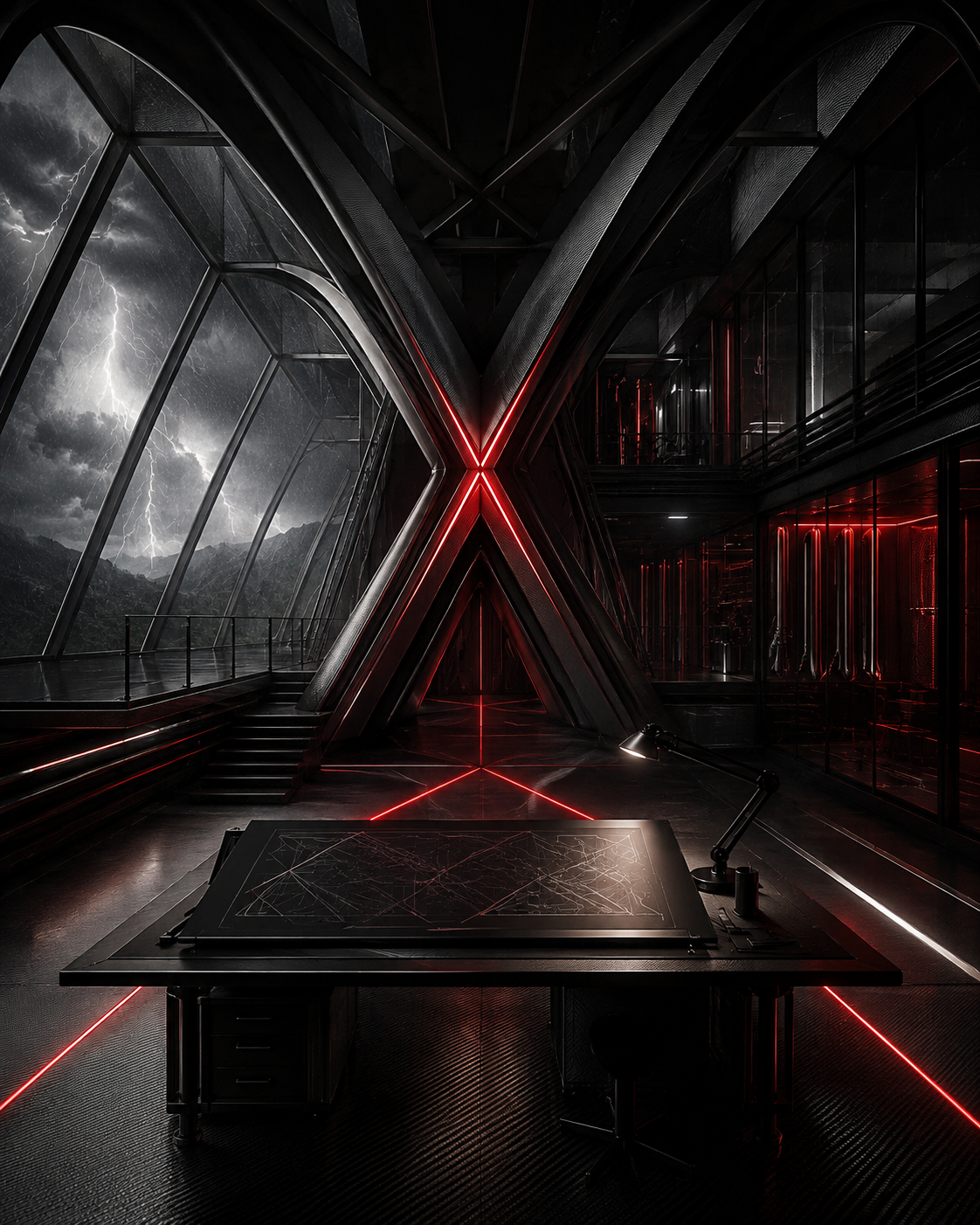The dark X Tornado X design forge overlooking a lightning storm